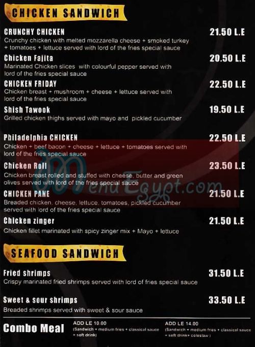 Lord of the Fries menu Egypt